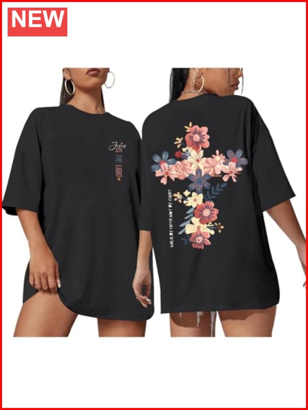 Christian Jesus Light Print Tee Women's Short Sleeve Crew Neck Floral Cross